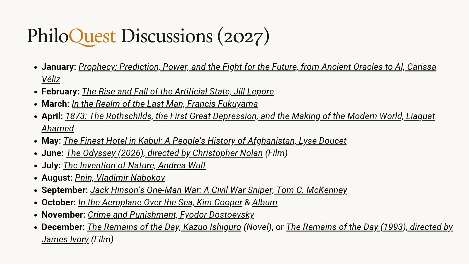 PhiloQuest 2027 Reading Schedule Overview